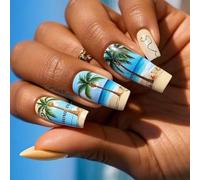 24Pcs Coffin Press On Nails Coconuts Tree French Fake Acrylic False Artificial Glues On Womens Acrylic Glues On Nail For Women Clear