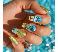 24Pcs Coffin Press On Nails Coconuts Tree French Fake Acrylic False Artificial Glues On Womens On Nail Coffin Almond French Tip On Nail