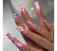 24Pcs Coffin Shape Press on Nails with Gelly Adhesive Tabs in Pink French Ombre Design Featuring Flowers, Zebra Leopard Print, and Gradient Tips for an Artistic and Playful Nail Art Look