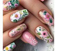 24pcs Coffin Styles Press On Nails Flower False Nails Full Covers Press On Nails Easy To Apply For Various Occasion