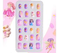24PCS Colorful Cartoon Press-On Nails Full Cover Square Designs - Rainbow Clouds Princess Butterfly Lollipop Mushroom Hearts Stars Safe Non- Easy Apply Party Dress-Up Fun For Girls