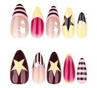 24pcs Colorful Five-pointed Star Press On Nails Red Stripes French Style Yellow Almond European Fake Nail Tips For Girls(Y1)