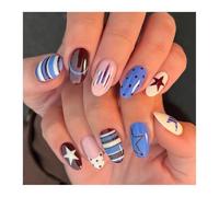 24pcs Colorful Five-pointed Star Press On Nails Red Stripes French Style Yellow Almond European Fake Nail Tips For Girls(Y3)