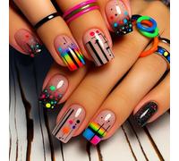 24Pcs Colorful Geometric Press On Nails - Short Square Fake Nails with Rainbow Dot Art and Gelly Adhesive Tabs - Vibrant Design for Parties and Daily Wear
