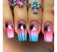 24Pcs Colorful Press on Nails Medium, Summer French Tip False Nails Square with Coconut Tree Design, Natural Removable Full Cover Fake Nails Stick on in 12 Sizes, Manicure Kit for Women Daily Wear