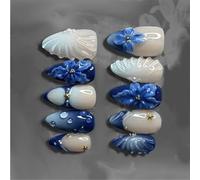 24Pcs Comfort Fit Artificial Nails Blue Lilies Bubble Stripe Pearls ABS for Sweet Elegant Styles Blue Nails