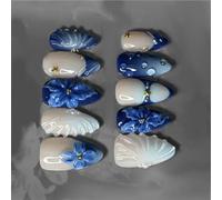 24Pcs Comfort Fit Artificial Nails Blue Lilies Bubble Stripe Pearls ABS for Sweet Elegant Styles Nail