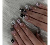 24Pcs Cool Dark Style Square Press On Nails, Black Polka Dot Metallic Heart Hollow Spider Web French Tip Fake Nails with Metallic Bow for Women Party Shopping