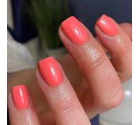 24Pcs Coral Pink Short Square French False Nails,Short Press on Full Cover French False Nails Kit with Glue,Glossy Small Peach Orange Fake Nails Set,Reusable Stick on False Nails Set(Coral Pink)