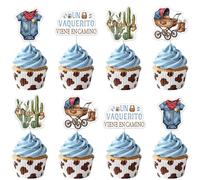 24Pcs Cowboy Baby Shower Decorations, Un Vaquerito Viene En Camino Baby Shower Cupcake Topper A Little Cowboy Is On The Way Cake Decor Spanish Western Themed Decor for Baby Boy Party Supplies