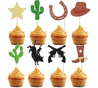 24Pcs Cowboy Cupcake Toppers Glitter HorseShoe Cowboy Hats Boots Cupcake Picks Star Gun Cactus Cupcake Picks Western Theme Baby Shower Birthday Party Cake Decorations Supplies