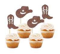 24PCS Cowboy Cupcake Toppers Riding HorseShoe Cowboy Hats Western Theme Happy Birthday Baby Shower Party Cake Decorations Supplies Blue (coffee)