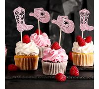 24PCS Cowboy Cupcake Toppers, Rodeo Cupcake Picks, Cowboy or Cowgirl Hat and Boot Cupcakes Toppers, Birthday Cake Decorations for Western Theme, Glitter Pink