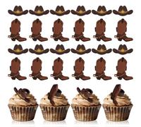 24PCS Cowboy Cupcake Toppers Western Party Hat Boot Cupcake Ring Decorations Rodeo Cake Topper for Western Theme Birthday Baby Shower Cake Decoration Party Supplies