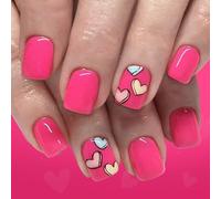 24Pcs Creative Doodles Art Presses on Nails Heart Four Point Star Pattern Pink Glossys Short Square Fashionable Look Heart Star Nails