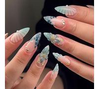 24PCS Crystal Blossom Press On Nails with Accessory Tools - Blue Ombre Almond False Nails with 3D Flowers Shells Star Designs - Durable Reusable Stick On Nails for Summer Party Wedding Daily Wear