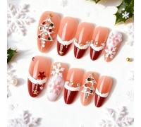 24Pcs Cute Christmas Press on Nails Medium Almond French Tips Fake Nail White Snowflakes and Christmas Tree Press Glitter Pearl on Nails Handmade Nail Art Star Diamond Nail for Women Winter Decor