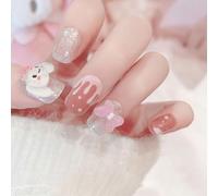 24PCS Cute Short Press on Nails,Kawaii Cartoon False Nails with 3D Dog and Bow Design,Novel French Fake Nails for Women or Girls