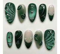 24Pcs Dark Green Press on Nails Medium Almond French Tip Fake Nails with Silver Gilding Star Design 3D Leaves False Nails Full Cover Artificial Glue on Nails Glossy Stick on Nails for Women Manicure