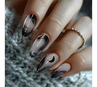 24PCS Dark Moon Black Press on Nails - Medium Length Almond Shape Gradient French Ink Fake Nails, Durable Acrylic Nails for Women, Easy DIY Manicure with Comfortable Fit