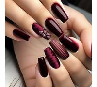 24Pcs Dark Red French Press on Nails, Medium Long Coffin False Nails, Removable Full Cover Stick on Nails in 12 Sizes, Natural Solid Color Manicure Kit for Women Girls Daily Party Wear