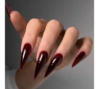 24Pcs Dark Red Long Stiletto Press On Nails Full Cover Acrylic - Glossy Gothic False Nails Set With Adhesive Tabs For Women And Festive Party Events Manicure Kit, Bold Art, Dramatic Pointed