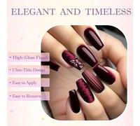 24PCS Dark Red Press On Nails - Glossy Wine Burgundy Fake Nails with Sculpted Rose & High-Shine Finish Long Coffin Reusable Tips for Women French Style Art for Salon-Quality Look