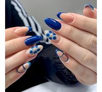 24PCS Deep Blue French Tip Press On Nails Short Almond Shape - Handmade Acrylic False Nails with Gel Finish, Reusable Stick On for Women 3D Elegant French Art Kit