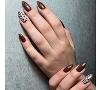 24PCS Deep Brown Glossy Almond Nails with Leopard Print Accent, Long Oval Press On False Nails Set for Women, Natural Fit Gel-Like Material for Daily Wear and Autumn Fashion