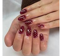 24PCS Deep Burgundy Red Press On Nails - Almond Minimal White Polka Dot Retro Chic Dot Design - Elegant Clean Glossy for Women Parties Events & Special Occasions