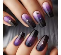 24Pcs Deep Purple to Black Glitter Galaxy Coffin Press on Nails - Medium Length ABS False Nails with Jelly Tabs, Star & Moon Manicure Set, Reusable Flexible Artificial