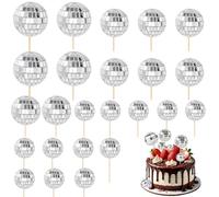 24pcs Disco Ball Cake Decorations, 70s Retro Mini Disco Ball Cake Toppers Sticks Stylish Disco Balls Cupcake Toppers Cake Disco Balls Picks for Disco Theme Birthday Party Supplies (Silver)