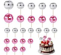 24pcs Disco Ball Cake Decorations, 70s Retro Mini Disco Ball Cake Toppers Sticks Stylish Disco Balls Cupcake Toppers Cake Disco Balls Picks for Disco Theme Birthday Party Supplies (Silver+Pink)