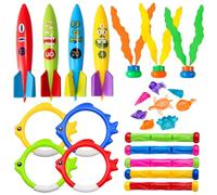 24Pcs Diving Pool Toys,Swimming Pool Toys with Dive Sticks Torpedoes Bandits Diving Rings Diving Seagrass Marine Gem Diving Games Bath Water Toy Underwater Pool Training Toy Swim Toy for Kids Age 4-12