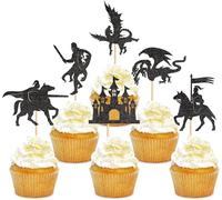 24Pcs Dragon Cupcake Toppers Castle Dragon Knight Black Glitter Cake Topper Decorations for Medieval Theme Fairy Tale Fantasy Birthday Party Baby Shower Supplies