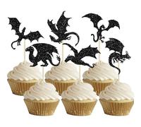 24Pcs Dragon Cupcake Toppers Glitter Dinosaur Birthday Cupcake Picks for Flying Dragon Theme Baby Shower Kids Birthday Party Cake Decorations Supplies Black