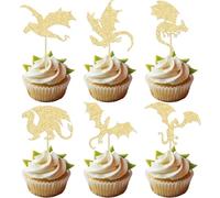 24Pcs Dragon Cupcake Toppers Glitter Fantasy Cool Dinosaur Birthday Cupcake Picks for Medieval Dragon Theme Baby Shower Kids Birthday Party Cake Decorations Supplies Gold
