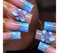 24Pcs Dreamy Blue Glossy French Press On Nails Short Square Shape - Soft Pink Base Ocean Floral Sequin Design Fake Nails for Women Girls Wedding Party Holiday Manicure Set