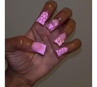 24Pcs Duck Nails Press On French Tip Fashionable Long Fake Nails With Heart Pearl Patterns Artificial Nails For Women