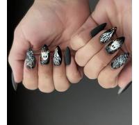 24Pcs Dull Black Manifestation Skeleton Blossomy Art Nut Molded Artificial Hoofs Recyclable ABS Unguis Tips