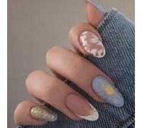 24PCS Dusty Blue Press On Nails - Almond Soft Cloud White Warm Beige Nude Antique Gold Accent - Creative Statement Nail Design for Women Party Occasions & Daily Wear