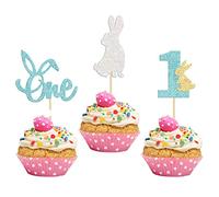 24Pcs Easter Bunny One Cupcake Toppers Some Bunny is One Birthday Decorations Blue Glitter Easter Cake Decorations Bunny Easter Theme Boy Spring Theme First Birthday Party Decorations