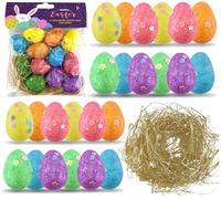 24PCs Easter Glitter Eggs 4cm/1.6" - Foam Eggs Easter with Grass, Easter Basket Filler Eggs for Home Decoration, Multicolour Eggs for Easter Party Decorations