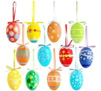 24Pcs Easter Hanging Eggs, Multicolored Plastic Egg Hanging Tree Ornaments, Decorative Hand Painted Eggs DIY Crafts Ornaments with Various Style Stripes Dots Flowers for Easter Decoration