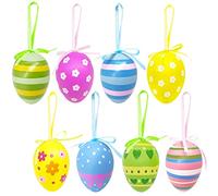 24Pcs Easter Hanging Eggs, Multicolored Plastic Egg Hanging Tree Ornaments, Decorative Hand Painted Eggs DIY Crafts Ornaments with Various Style Stripes Dots Flowers for Easter Decoration