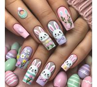 24Pcs Easter Press On Nails Short Square False Nails Rabbits False Nails Acrylic Nails Glossy Stick On Fingernails