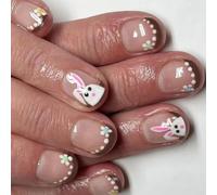 24Pcs Easter Press On Nails Short Square False Nails With Rabbits Pattern Stick On Nails Adds Festival Charm To Nails