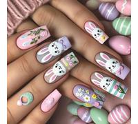 24Pcs Easter Press On Nails Square False Full Covers Acrylic Stick On Spring Flower Artificial Party Ready Nail