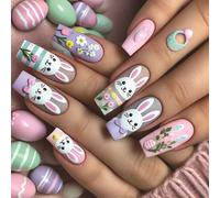 24Pcs Easter Press On Nails Square Shaped False Nails Spring Stick On Glossy Acrylic For Women And Girls Women Nail Art