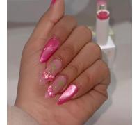24Pcs Easy Apply Presses on Nails Luminouses Cats Eye and Cherries Design for Various Occasions Women Easy Apply
